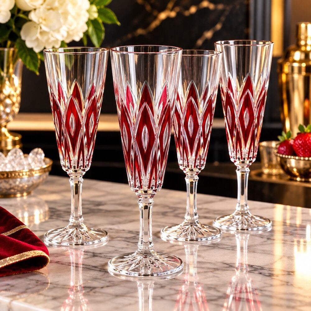 Vmc Reims French Harlequin Argyle Fluted Champagne Glasses Set 4 Cocktail Red
